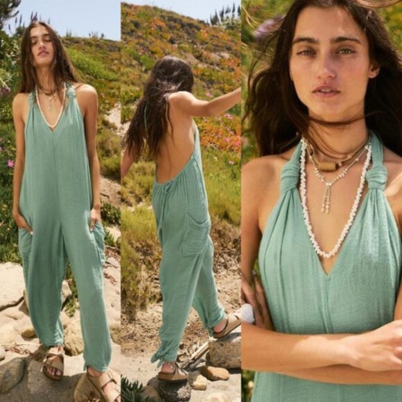 New! Free People free-est Knot It Up Low-back Jumpsuit in Green 28072 - Picture 2 of 13